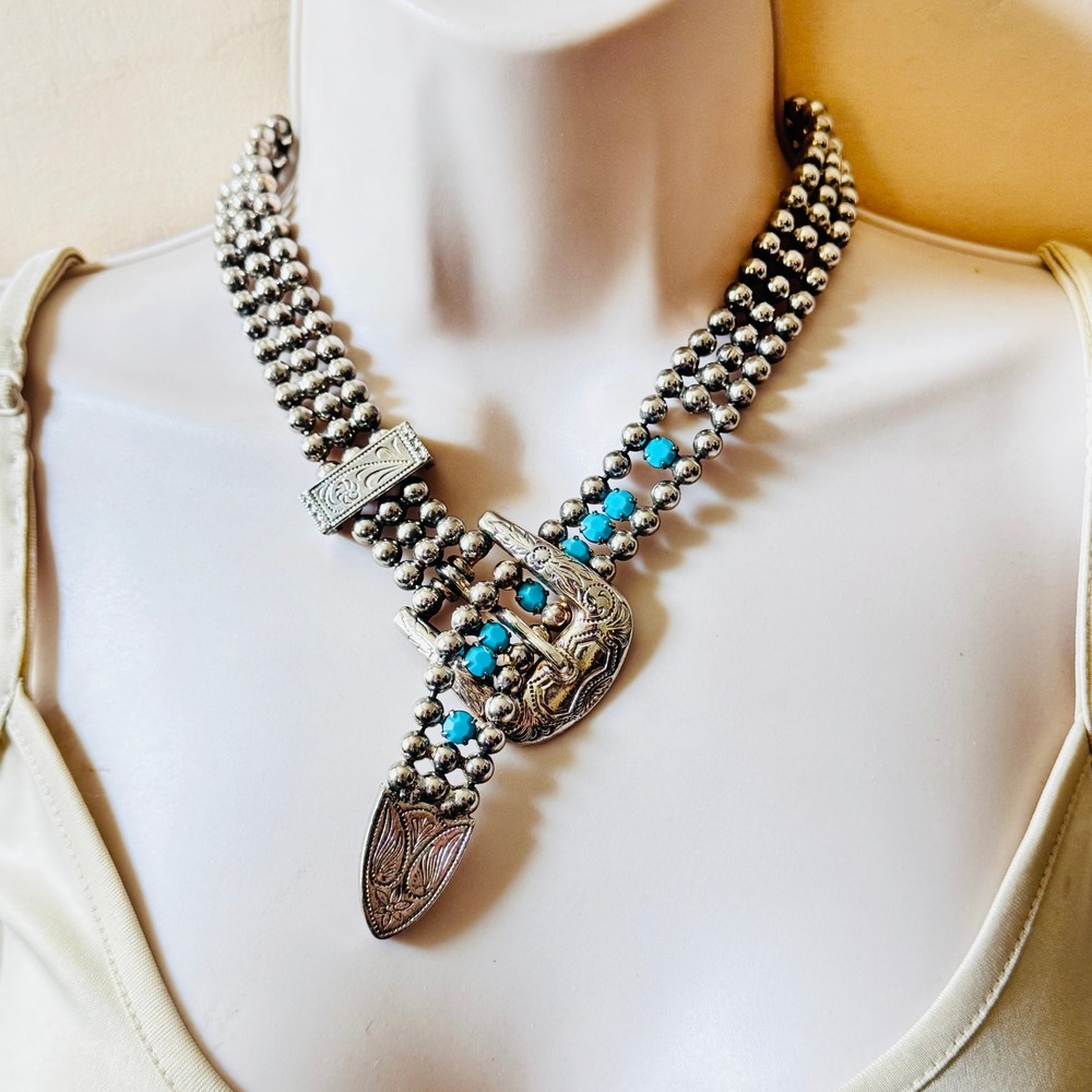 Vtg D&E Juliana‎ Necklace Western Belt Buckle Verified Faux Turquoise Rhinestone